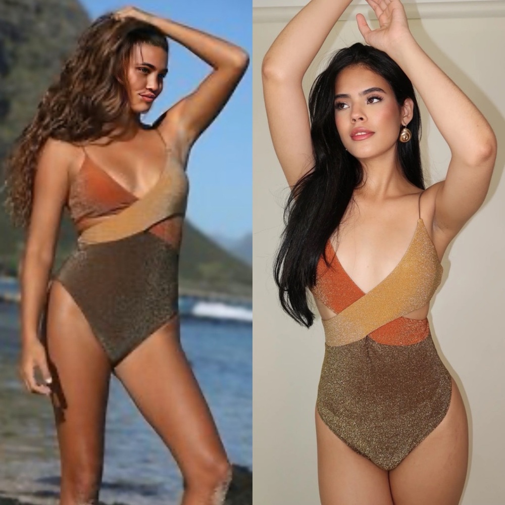 NWT Free People It’s Now Cool The Riot Shimmer One Piece Swimsuit Cinnamon